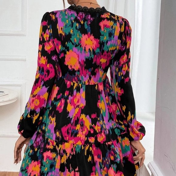 Allover Print Lace Trim Lantern Sleeve Ruffle Hem mini Dress - Picture 4 of 6